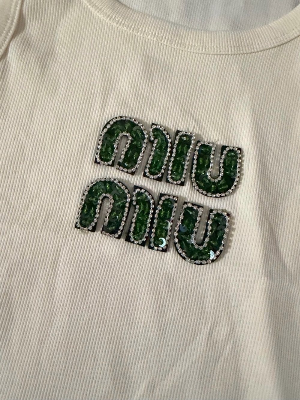 Miu Miu Cream Ribbed Tank with Green Embellished Logo - Picture 2 of 5